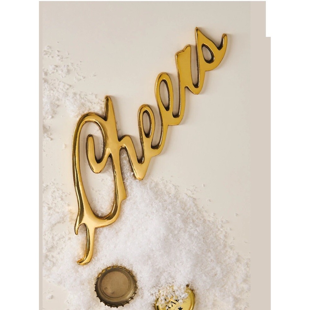 Anthropologie Brass Bottle Opener Cheers Script Bar Decor Barware Gift Beer Soda